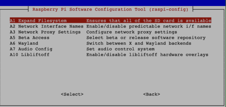 raspi-config Advanced Options menu with A1 Expand Filesystem highlighted