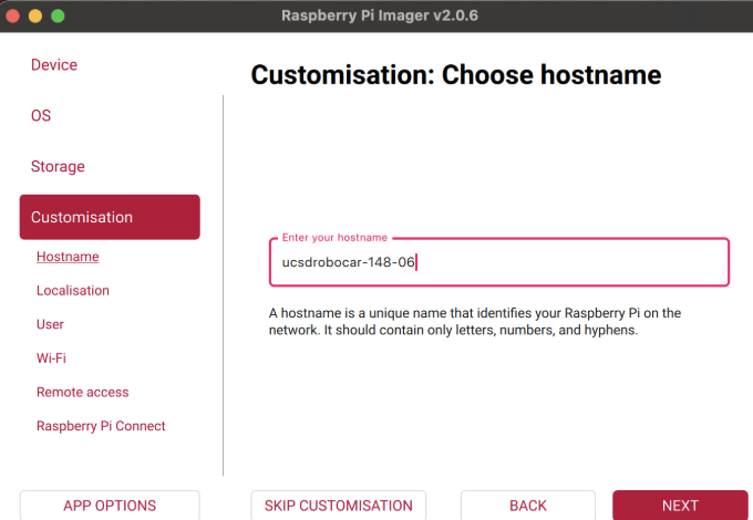 Raspberry Pi Imager hostname customization screen showing ucsdrobocar-148-06