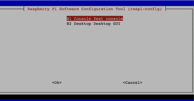 raspi-config boot options showing B1 Console Text console highlighted