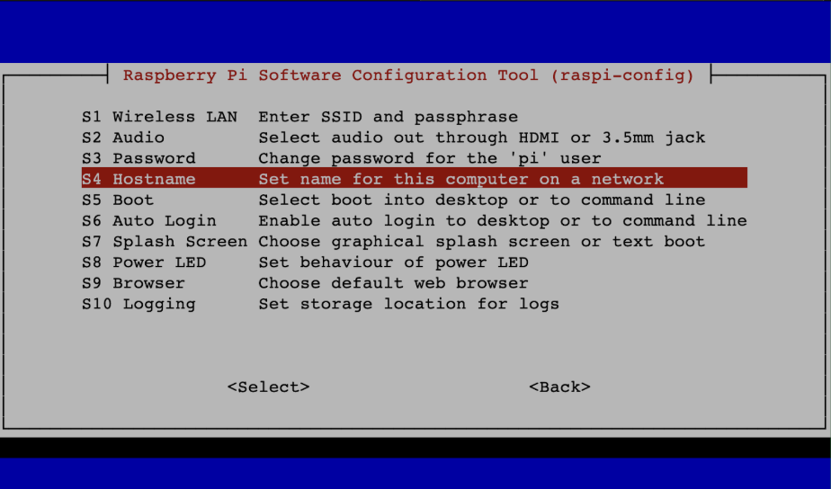 raspi-config menu showing S4 Hostname highlighted