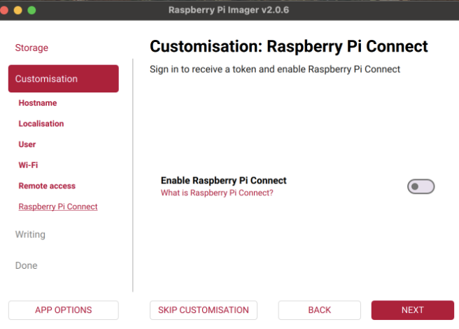 Raspberry Pi Imager connect screen with Enable toggle off