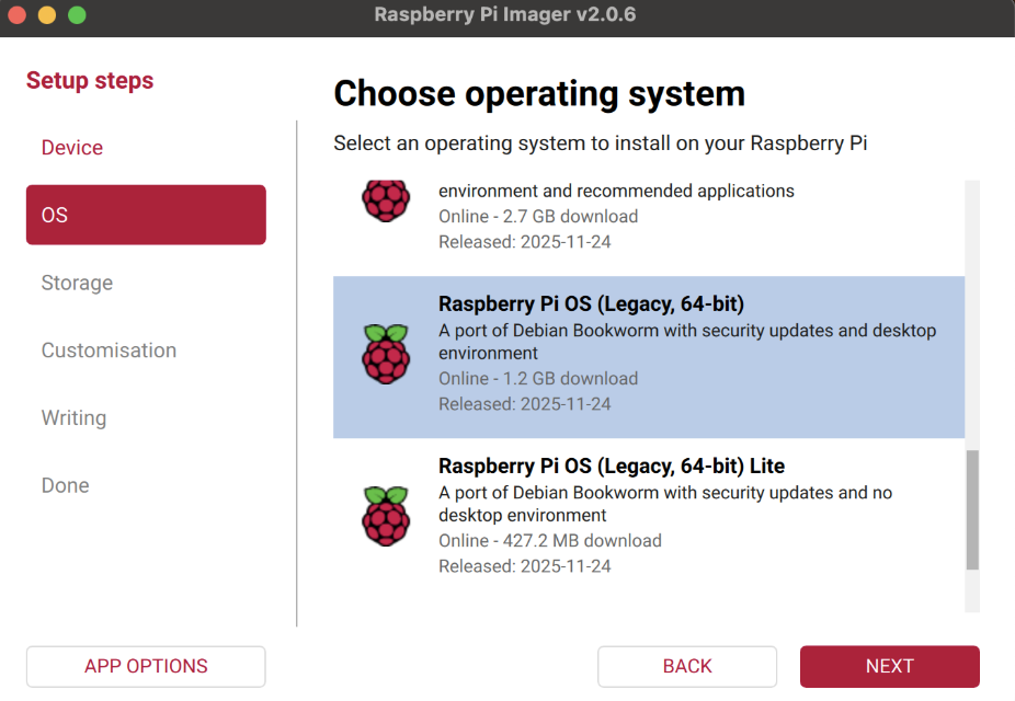 Raspberry Pi Imager OS selection showing Legacy 64-bit highlighted