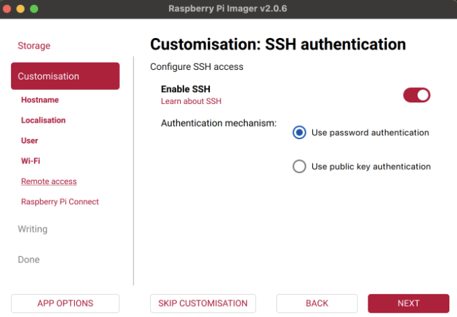 Raspberry Pi Imager SSH authentication screen with Enable SSH toggled on