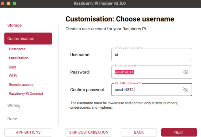 Raspberry Pi Imager username screen showing pi and password fields