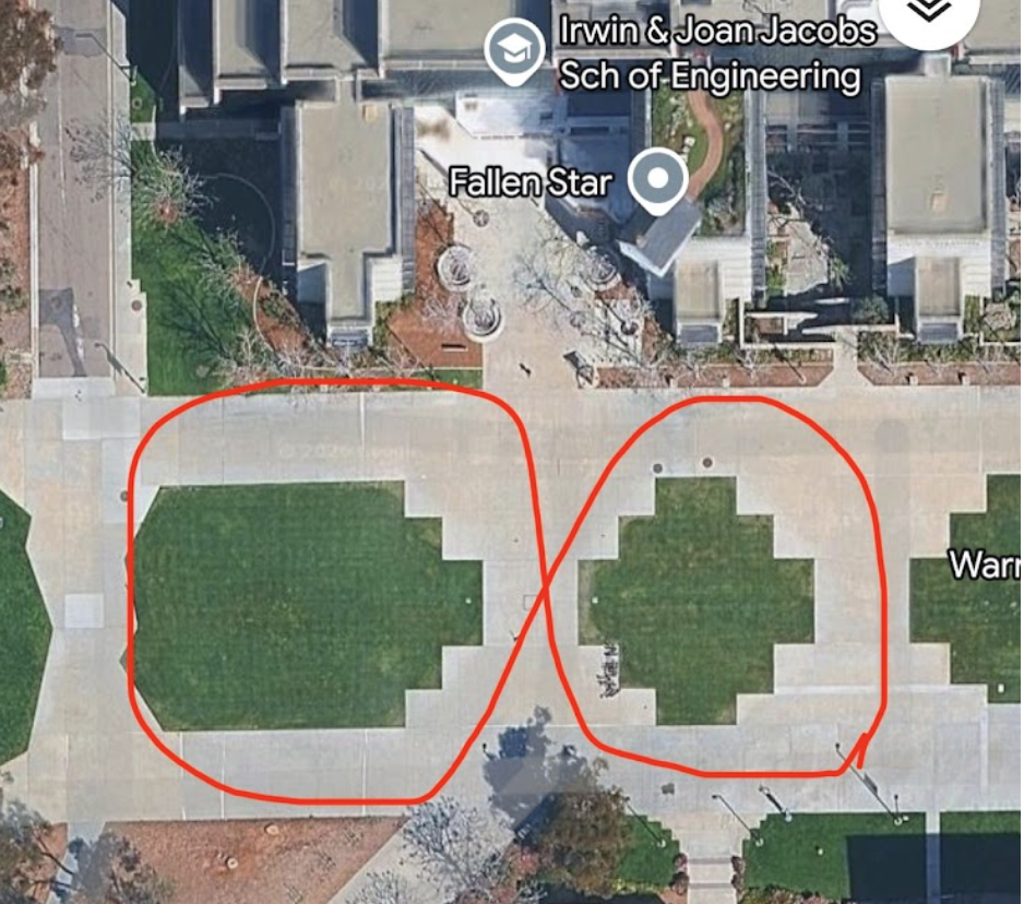 Google Maps aerial view of Warren Mall at UCSD with two recommended driving loop areas circled in red