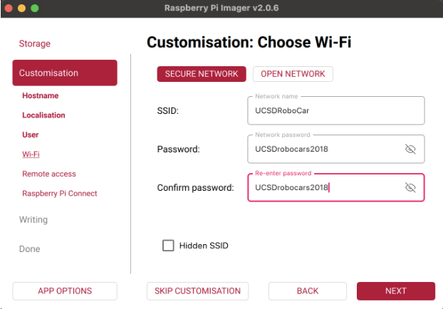 Raspberry Pi Imager WiFi screen showing UCSDRoboCar SSID