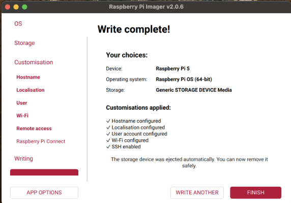 Raspberry Pi Imager write complete screen
