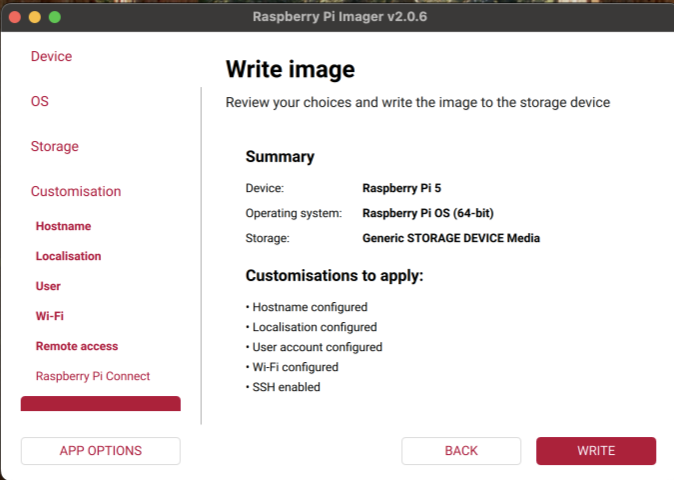 Raspberry Pi Imager write image summary screen showing all customizations