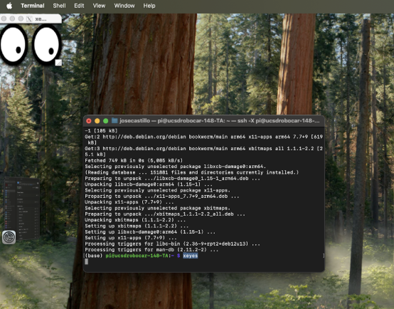 xeyes GUI window forwarded via X11 to laptop screen
