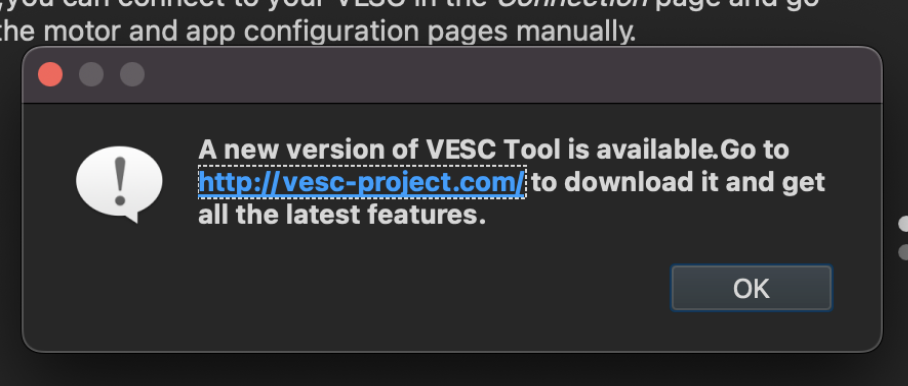VESC Tool new version available popup