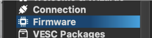 VESC Tool sidebar showing Firmware menu item highlighted