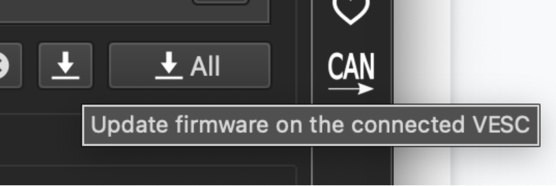 VESC Tool firmware update toolbar buttons with Update firmware tooltip