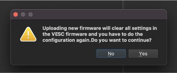Firmware overwrite confirmation dialog with No and Yes buttons