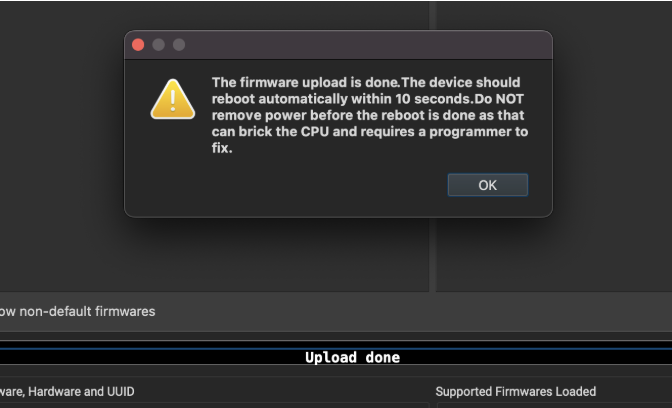 Firmware upload done dialog box