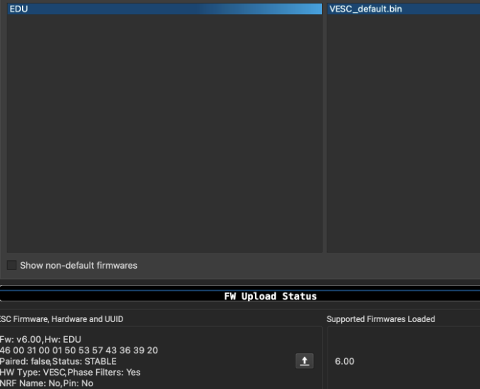 VESC Tool showing successful firmware update with Fw v6.00 Hw EDU status