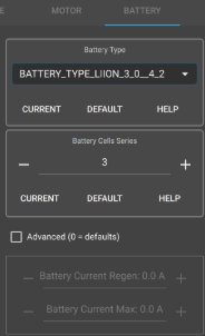 FOC wizard Battery tab showing BATTERY_TYPE_LIION_3_0_4_2 with 3 cells and 3.000 Ah