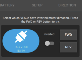 FOC wizard DIRECTION tab with FWD and REV buttons and Inverted toggle