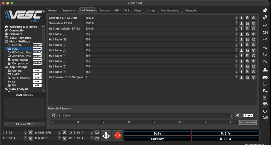 Full VESC Tool screenshot showing Hall Sensors tab with all 255 values before detection