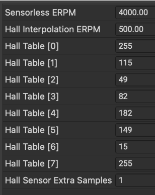 Hall sensor table values after detection showing example values
