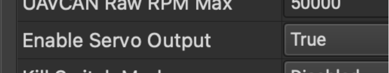 App Settings General showing Enable Servo Output set to True